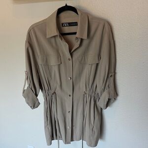 Zara Beige Button-Up Shirt with Drawstring